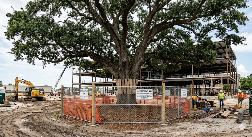 Mature live oak tree protected during a construction redevelopment project in New Orleans, LA