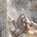 Palm Tree Trimming in Gretna LA, arborist removing dead fronds from a tall palm with a chainsaw, Tree Man Inc.